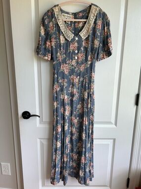VINTAGE Betsy’s Things: Dusty Blue Floral Maxi Dress with Cream Lace Collar